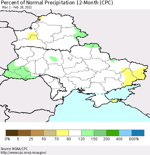 Ukraine, Moldova and Belarus Percent of Normal Precipitation 12-Month (CPC) Thematic Map For 3/1/2020 - 2/28/2021