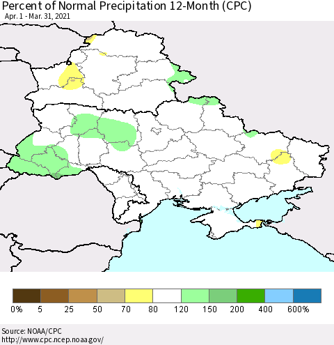 Ukraine, Moldova and Belarus Percent of Normal Precipitation 12-Month (CPC) Thematic Map For 4/1/2020 - 3/31/2021