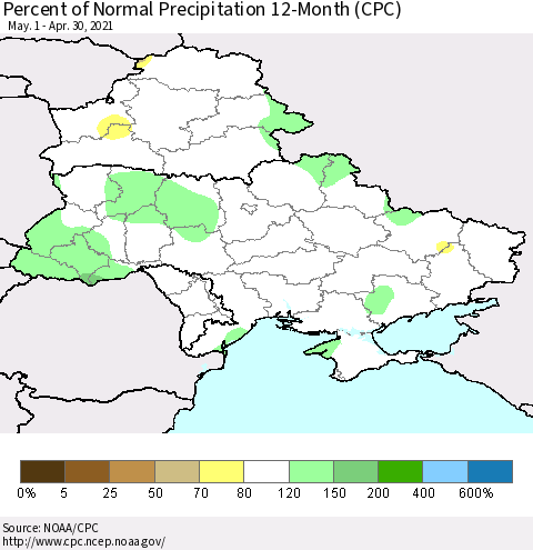 Ukraine, Moldova and Belarus Percent of Normal Precipitation 12-Month (CPC) Thematic Map For 5/1/2020 - 4/30/2021
