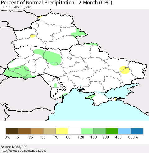 Ukraine, Moldova and Belarus Percent of Normal Precipitation 12-Month (CPC) Thematic Map For 6/1/2020 - 5/31/2021