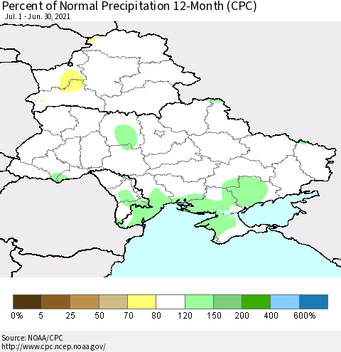 Ukraine, Moldova and Belarus Percent of Normal Precipitation 12-Month (CPC) Thematic Map For 7/1/2020 - 6/30/2021