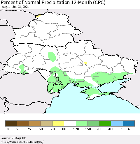 Ukraine, Moldova and Belarus Percent of Normal Precipitation 12-Month (CPC) Thematic Map For 8/1/2020 - 7/31/2021