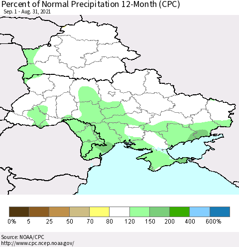 Ukraine, Moldova and Belarus Percent of Normal Precipitation 12-Month (CPC) Thematic Map For 9/1/2020 - 8/31/2021