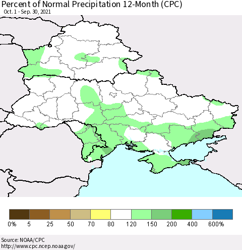Ukraine, Moldova and Belarus Percent of Normal Precipitation 12-Month (CPC) Thematic Map For 10/1/2020 - 9/30/2021