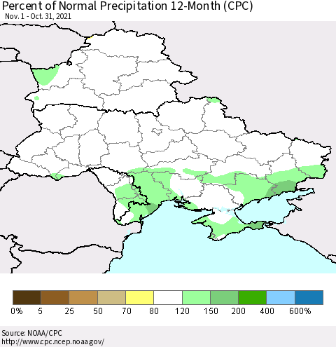 Ukraine, Moldova and Belarus Percent of Normal Precipitation 12-Month (CPC) Thematic Map For 11/1/2020 - 10/31/2021