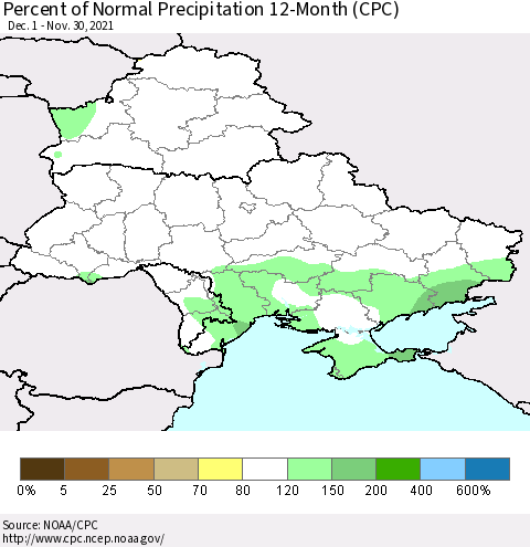 Ukraine, Moldova and Belarus Percent of Normal Precipitation 12-Month (CPC) Thematic Map For 12/1/2020 - 11/30/2021