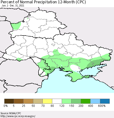 Ukraine, Moldova and Belarus Percent of Normal Precipitation 12-Month (CPC) Thematic Map For 1/1/2021 - 12/31/2021