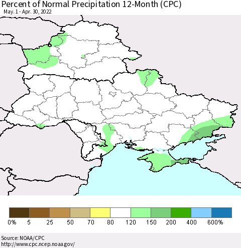 Ukraine, Moldova and Belarus Percent of Normal Precipitation 12-Month (CPC) Thematic Map For 5/1/2021 - 4/30/2022