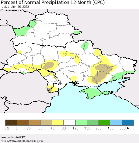 Ukraine, Moldova and Belarus Percent of Normal Precipitation 12-Month (CPC) Thematic Map For 7/1/2021 - 6/30/2022