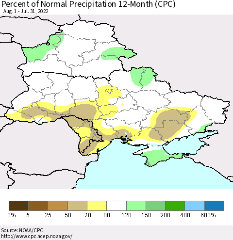 Ukraine, Moldova and Belarus Percent of Normal Precipitation 12-Month (CPC) Thematic Map For 8/1/2021 - 7/31/2022
