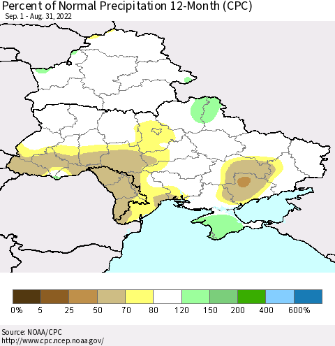 Ukraine, Moldova and Belarus Percent of Normal Precipitation 12-Month (CPC) Thematic Map For 9/1/2021 - 8/31/2022