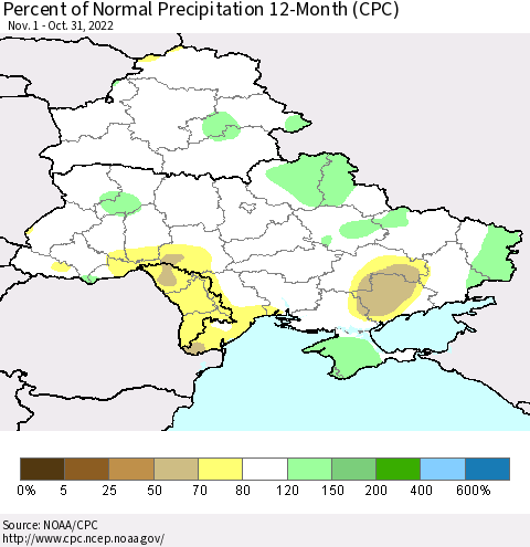 Ukraine, Moldova and Belarus Percent of Normal Precipitation 12-Month (CPC) Thematic Map For 11/1/2021 - 10/31/2022