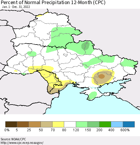 Ukraine, Moldova and Belarus Percent of Normal Precipitation 12-Month (CPC) Thematic Map For 1/1/2022 - 12/31/2022