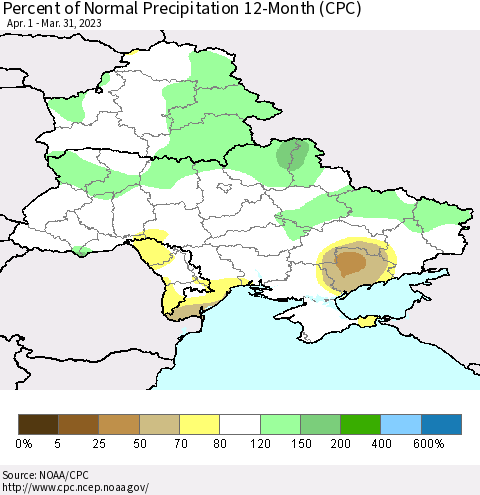 Ukraine, Moldova and Belarus Percent of Normal Precipitation 12-Month (CPC) Thematic Map For 4/1/2022 - 3/31/2023