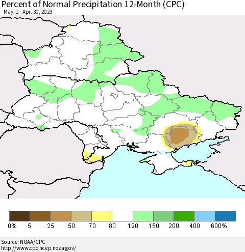 Ukraine, Moldova and Belarus Percent of Normal Precipitation 12-Month (CPC) Thematic Map For 5/1/2022 - 4/30/2023