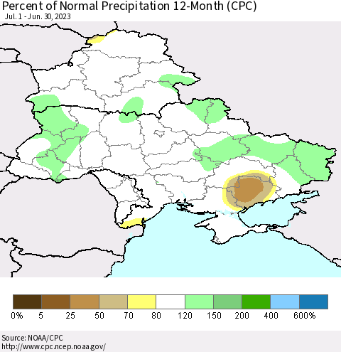 Ukraine, Moldova and Belarus Percent of Normal Precipitation 12-Month (CPC) Thematic Map For 7/1/2022 - 6/30/2023