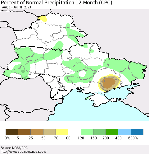 Ukraine, Moldova and Belarus Percent of Normal Precipitation 12-Month (CPC) Thematic Map For 8/1/2022 - 7/31/2023