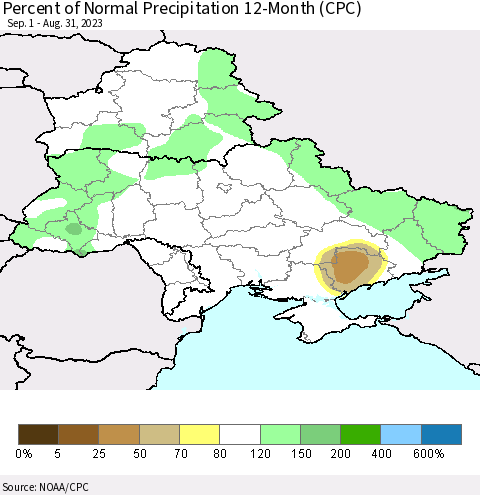 Ukraine, Moldova and Belarus Percent of Normal Precipitation 12-Month (CPC) Thematic Map For 9/1/2022 - 8/31/2023