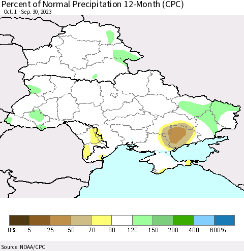 Ukraine, Moldova and Belarus Percent of Normal Precipitation 12-Month (CPC) Thematic Map For 10/1/2022 - 9/30/2023