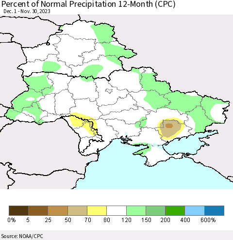 Ukraine, Moldova and Belarus Percent of Normal Precipitation 12-Month (CPC) Thematic Map For 12/1/2022 - 11/30/2023