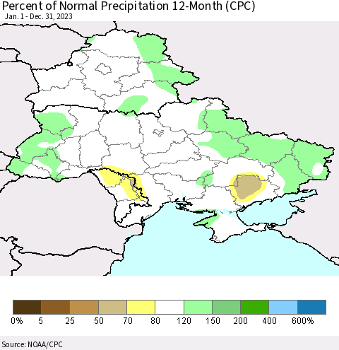 Ukraine, Moldova and Belarus Percent of Normal Precipitation 12-Month (CPC) Thematic Map For 1/1/2023 - 12/31/2023