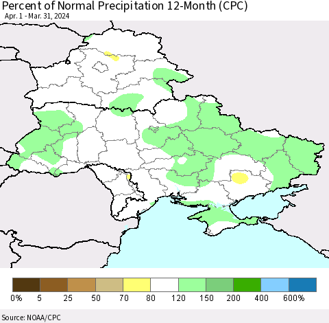 Ukraine, Moldova and Belarus Percent of Normal Precipitation 12-Month (CPC) Thematic Map For 4/1/2023 - 3/31/2024