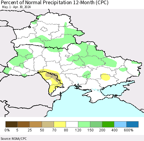 Ukraine, Moldova and Belarus Percent of Normal Precipitation 12-Month (CPC) Thematic Map For 5/1/2023 - 4/30/2024