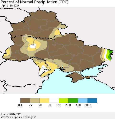 Ukraine, Moldova and Belarus Percent of Normal Precipitation (CPC) Thematic Map For 4/1/2019 - 4/10/2019