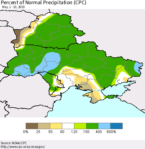 Ukraine, Moldova and Belarus Percent of Normal Precipitation (CPC) Thematic Map For 5/1/2019 - 5/10/2019