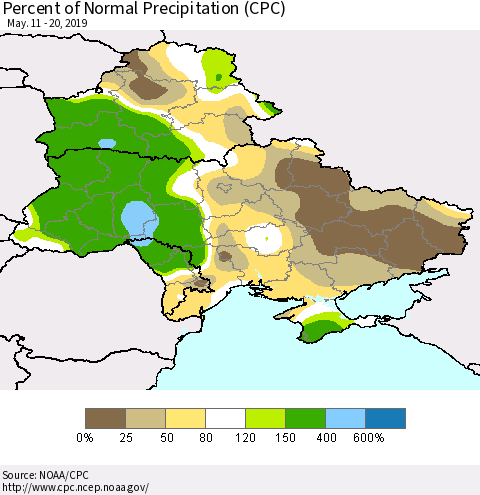 Ukraine, Moldova and Belarus Percent of Normal Precipitation (CPC) Thematic Map For 5/11/2019 - 5/20/2019