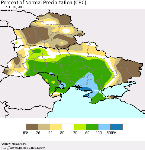 Ukraine, Moldova and Belarus Percent of Normal Precipitation (CPC) Thematic Map For 6/1/2019 - 6/10/2019