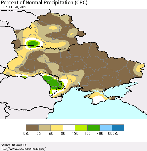 Ukraine, Moldova and Belarus Percent of Normal Precipitation (CPC) Thematic Map For 6/11/2019 - 6/20/2019