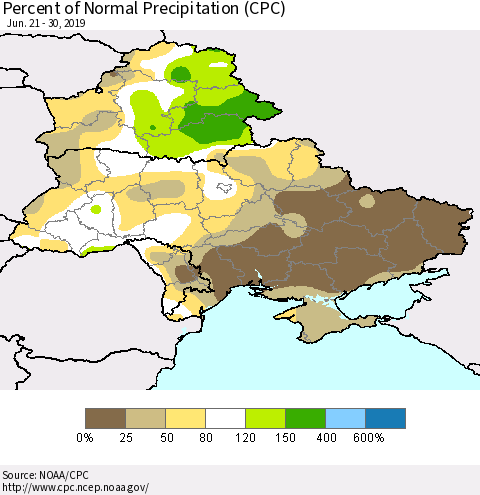 Ukraine, Moldova and Belarus Percent of Normal Precipitation (CPC) Thematic Map For 6/21/2019 - 6/30/2019