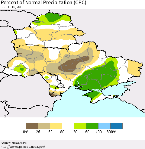 Ukraine, Moldova and Belarus Percent of Normal Precipitation (CPC) Thematic Map For 7/1/2019 - 7/10/2019