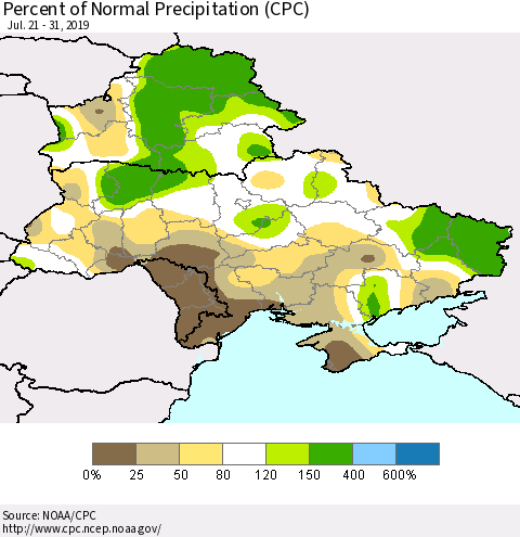 Ukraine, Moldova and Belarus Percent of Normal Precipitation (CPC) Thematic Map For 7/21/2019 - 7/31/2019