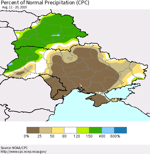 Ukraine, Moldova and Belarus Percent of Normal Precipitation (CPC) Thematic Map For 8/11/2019 - 8/20/2019