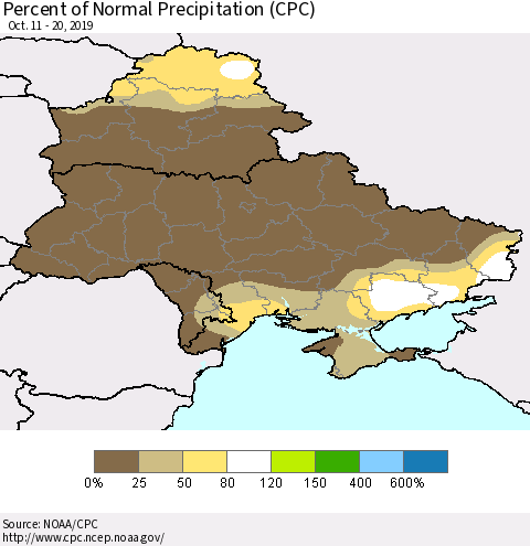 Ukraine, Moldova and Belarus Percent of Normal Precipitation (CPC) Thematic Map For 10/11/2019 - 10/20/2019