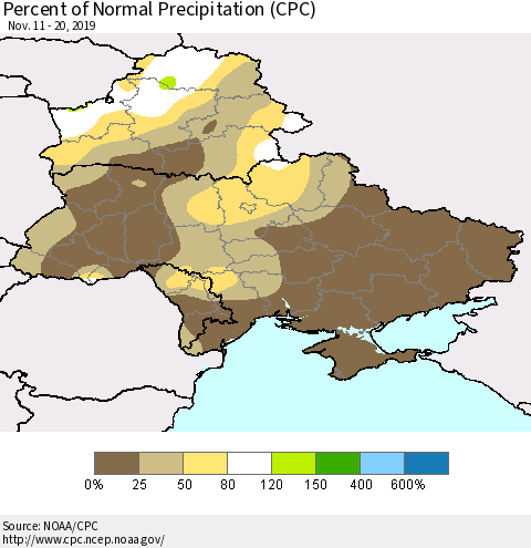 Ukraine, Moldova and Belarus Percent of Normal Precipitation (CPC) Thematic Map For 11/11/2019 - 11/20/2019