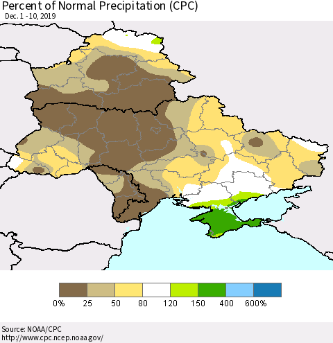 Ukraine, Moldova and Belarus Percent of Normal Precipitation (CPC) Thematic Map For 12/1/2019 - 12/10/2019