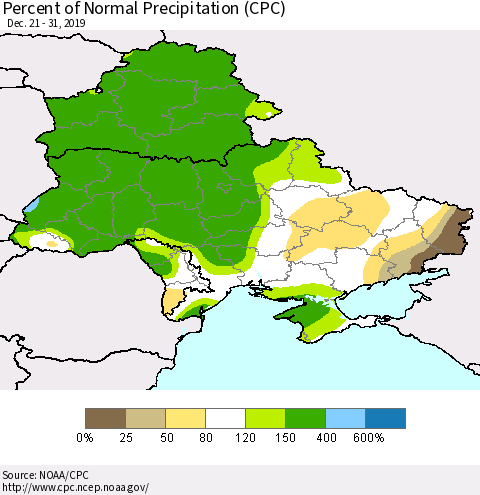 Ukraine, Moldova and Belarus Percent of Normal Precipitation (CPC) Thematic Map For 12/21/2019 - 12/31/2019