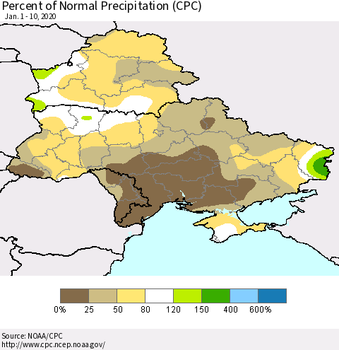 Ukraine, Moldova and Belarus Percent of Normal Precipitation (CPC) Thematic Map For 1/1/2020 - 1/10/2020