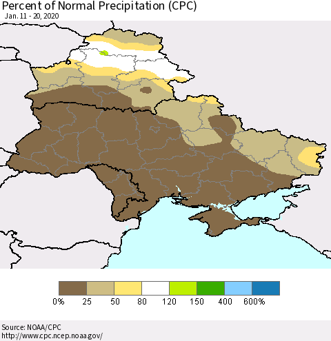 Ukraine, Moldova and Belarus Percent of Normal Precipitation (CPC) Thematic Map For 1/11/2020 - 1/20/2020