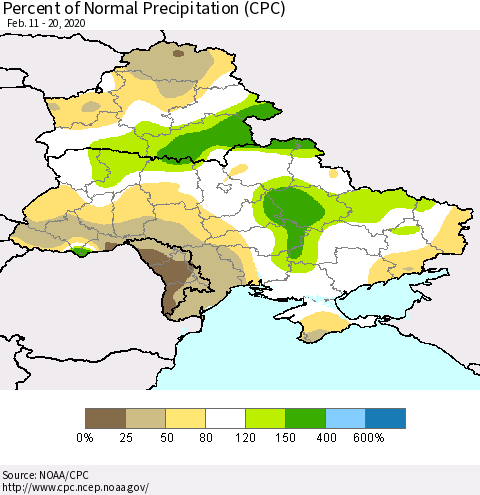 Ukraine, Moldova and Belarus Percent of Normal Precipitation (CPC) Thematic Map For 2/11/2020 - 2/20/2020