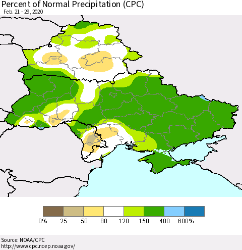 Ukraine, Moldova and Belarus Percent of Normal Precipitation (CPC) Thematic Map For 2/21/2020 - 2/29/2020