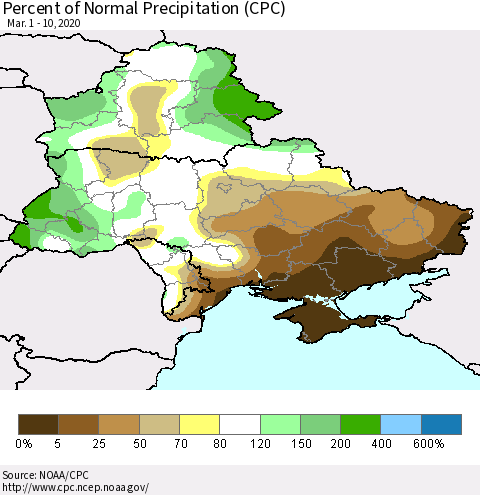 Ukraine, Moldova and Belarus Percent of Normal Precipitation (CPC) Thematic Map For 3/1/2020 - 3/10/2020