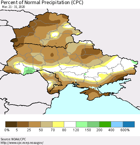 Ukraine, Moldova and Belarus Percent of Normal Precipitation (CPC) Thematic Map For 3/21/2020 - 3/31/2020