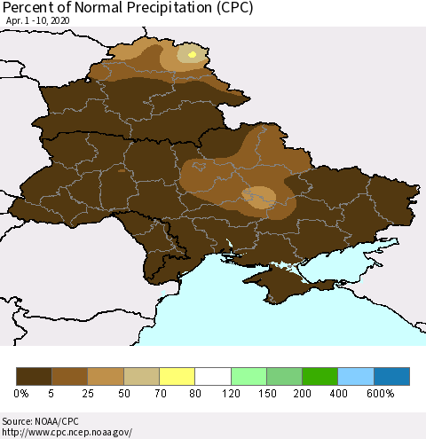 Ukraine, Moldova and Belarus Percent of Normal Precipitation (CPC) Thematic Map For 4/1/2020 - 4/10/2020