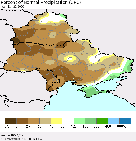 Ukraine, Moldova and Belarus Percent of Normal Precipitation (CPC) Thematic Map For 4/11/2020 - 4/20/2020