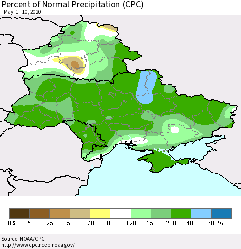 Ukraine, Moldova and Belarus Percent of Normal Precipitation (CPC) Thematic Map For 5/1/2020 - 5/10/2020