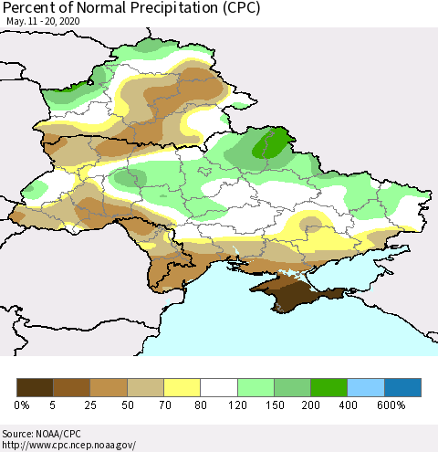 Ukraine, Moldova and Belarus Percent of Normal Precipitation (CPC) Thematic Map For 5/11/2020 - 5/20/2020